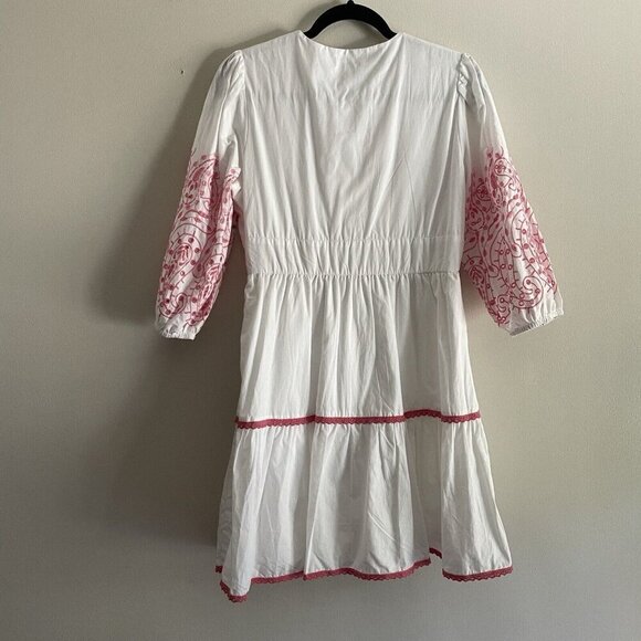 Versona Women S White Pink Eyelet Embroidered Boho V-Neck Tiered A-Line Sundress - Picture 10 of 10